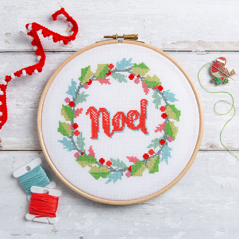 Noel Holly Wreath - Christmas Cross Stitch Kit or Pattern